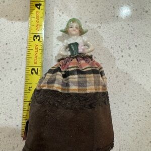 Vintage 4” Porcelain Miniature Doll – Plaid Outfit, Green Hat, Hand‑Painted